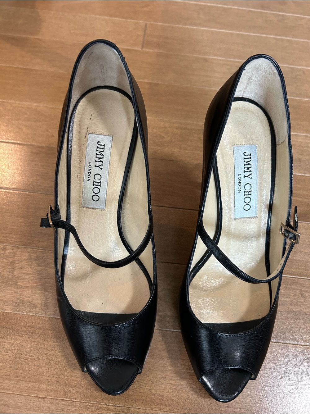 Jimmy Choo Black Leather Peep-Toe Mary Jane Heels with Cross Strap - size 6